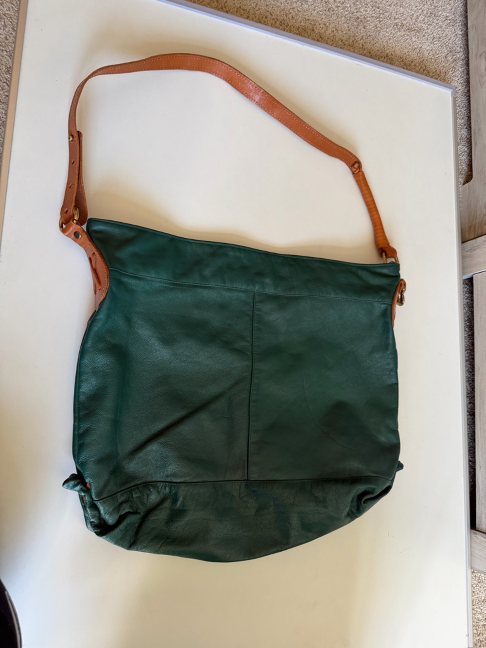 Carpetbags of America Green Leather Shoulder Bag with Tan Strap